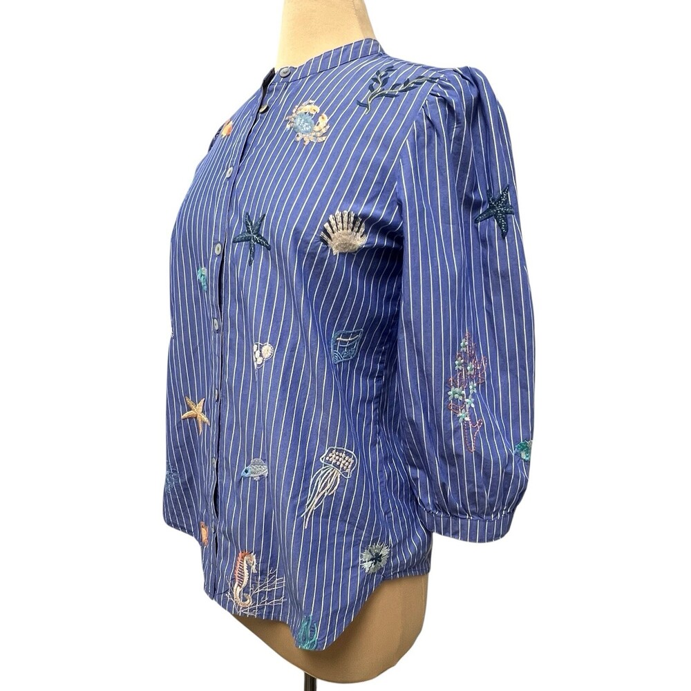 Johnny Was Workshop Striped Blue Embroidered Seashells Ocean Shirt XS Blouse - Picture 4 of 14